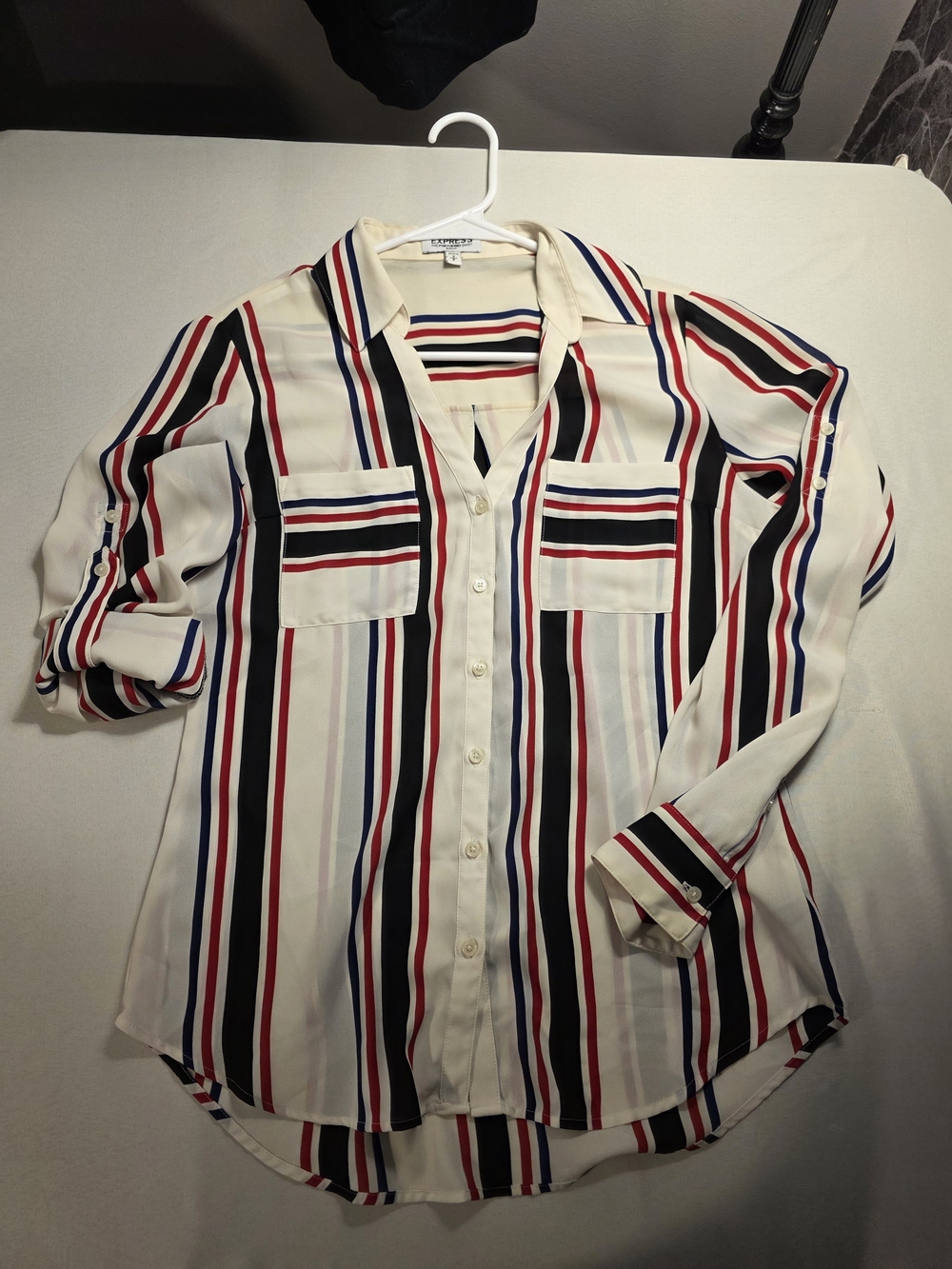 Express White Button-Down Shirt with Red, Navy & Black Stripes - Picture 3 of 10